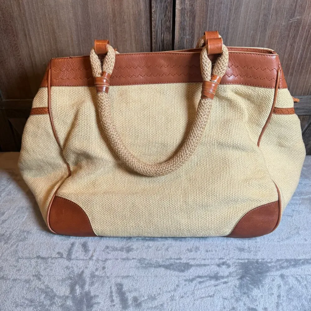 Kate Landry Canvas Leather Rope Handle Tote Satchel Beach Bag Large Beige